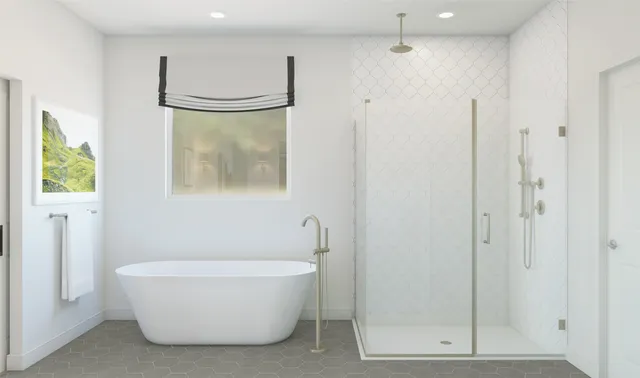 a bathroom with a double vanity sink a mirror and a shower