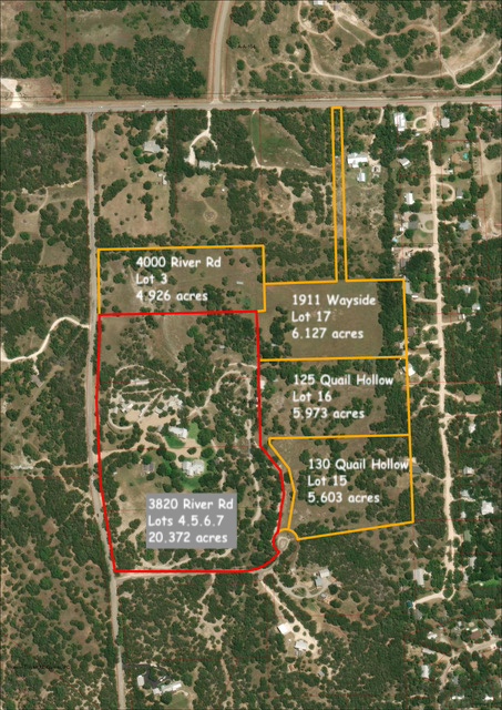 An aerial plat map outlines the main property and the four adjacent lots