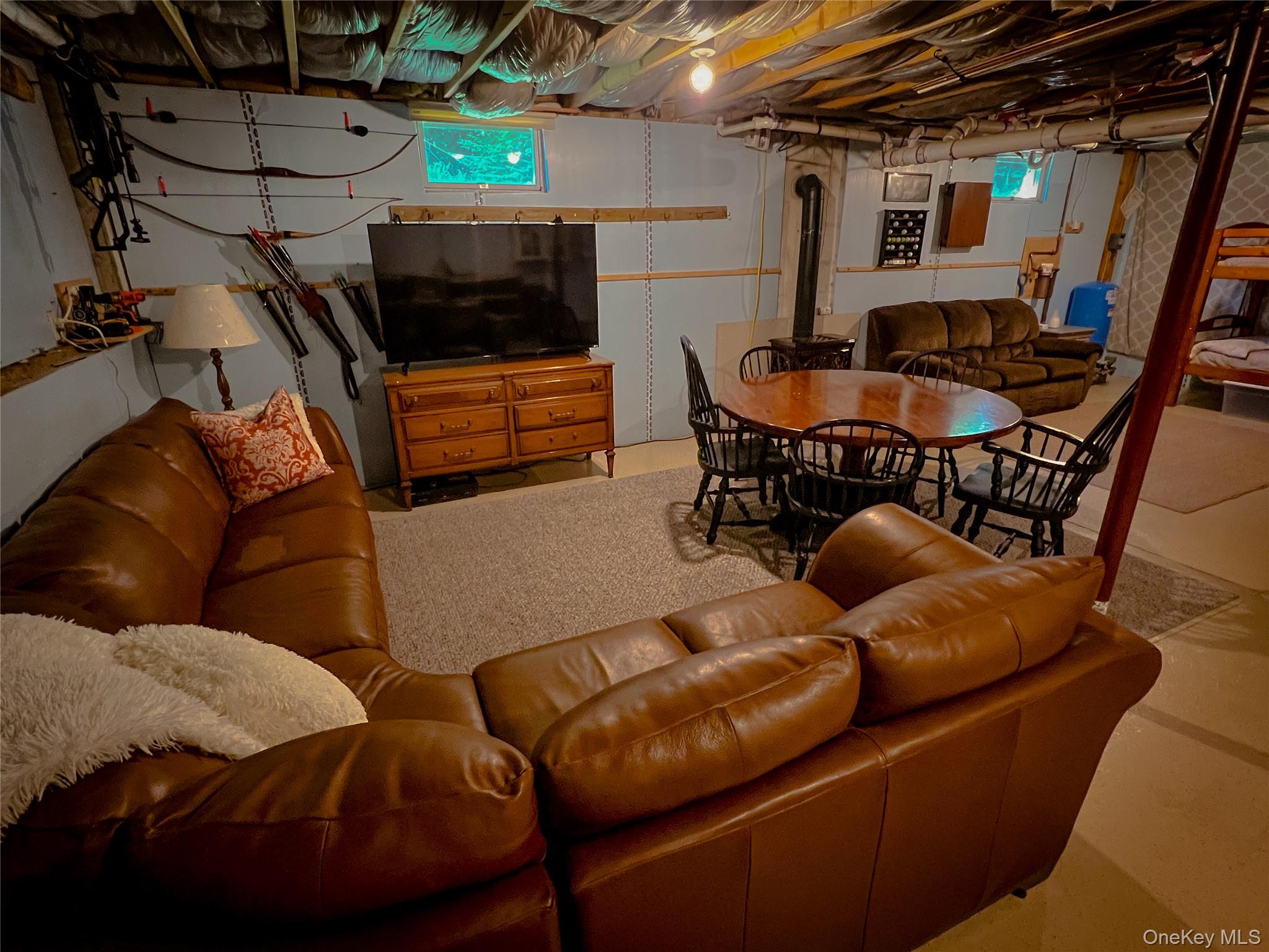 295 Emerald Heights Road Delancey, NY 13752 - Photo 13 of 30 Finished basement space featuring exposed ceiling joists and utilities, a carpeted area