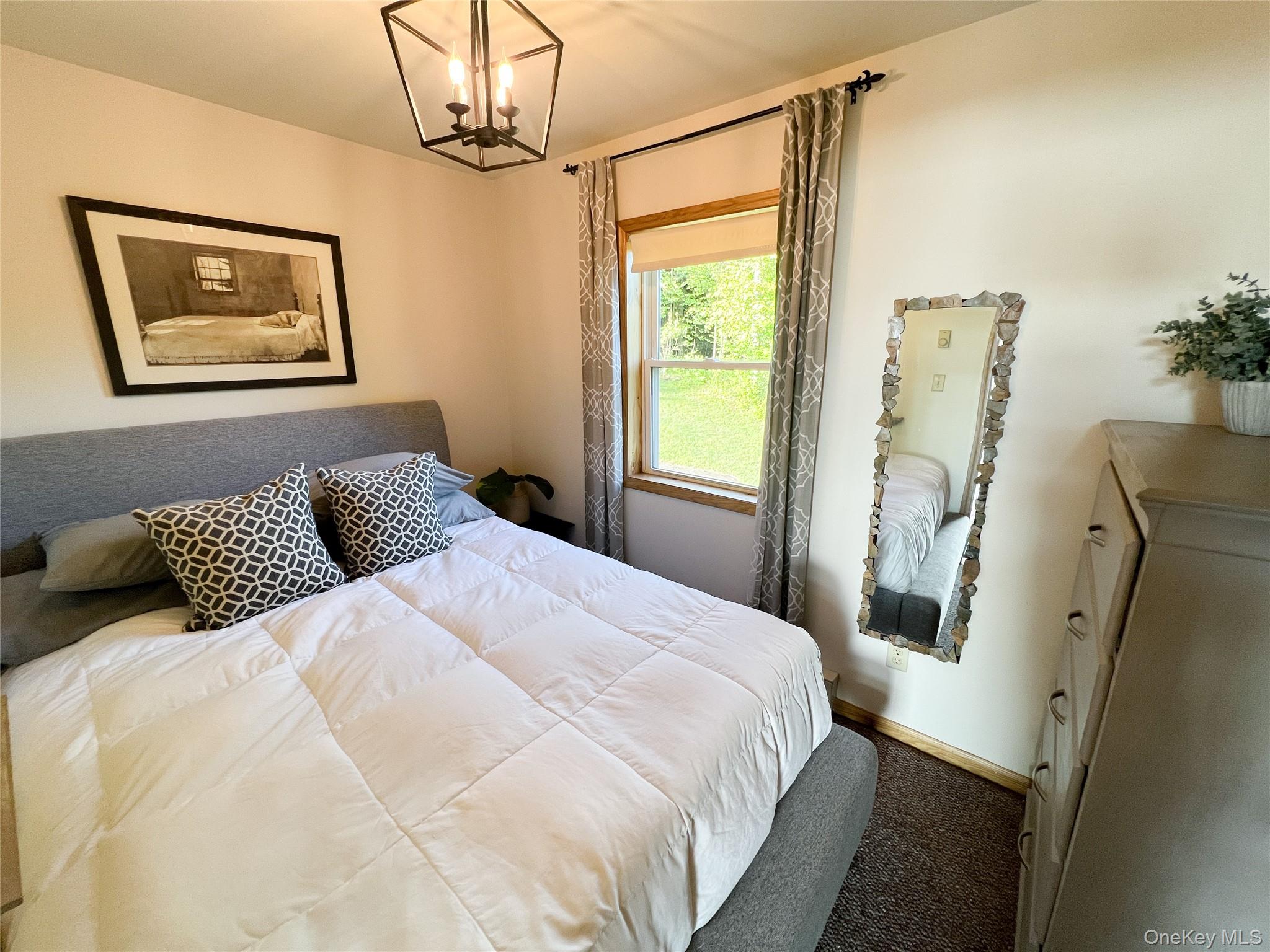 295 Emerald Heights Road Delancey, NY 13752 - Photo 17 of 30 Room featuring a window with natural wood trim, a ceiling-mounted geometric light fixture, and carpet flooring