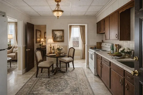 a view of a kitchen and dining room