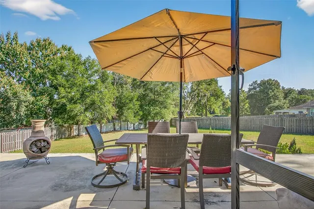 a view of a swimming pool with a yard and a fountain