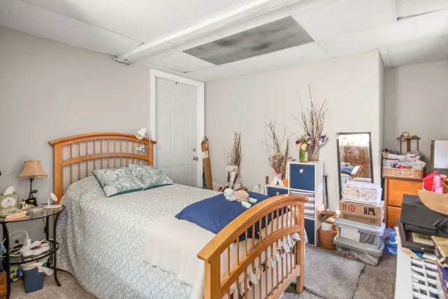 a bedroom with a bed and a book shelf
