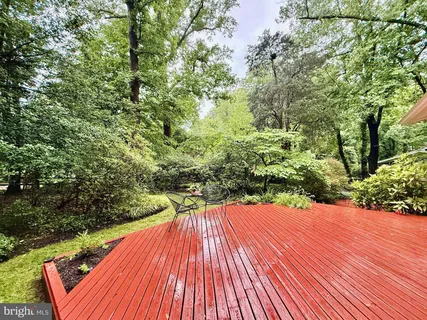 a wooden deck with trees