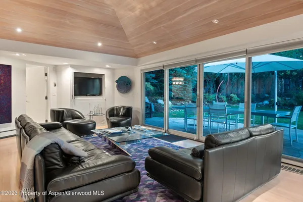a living room with furniture tv and a fireplace