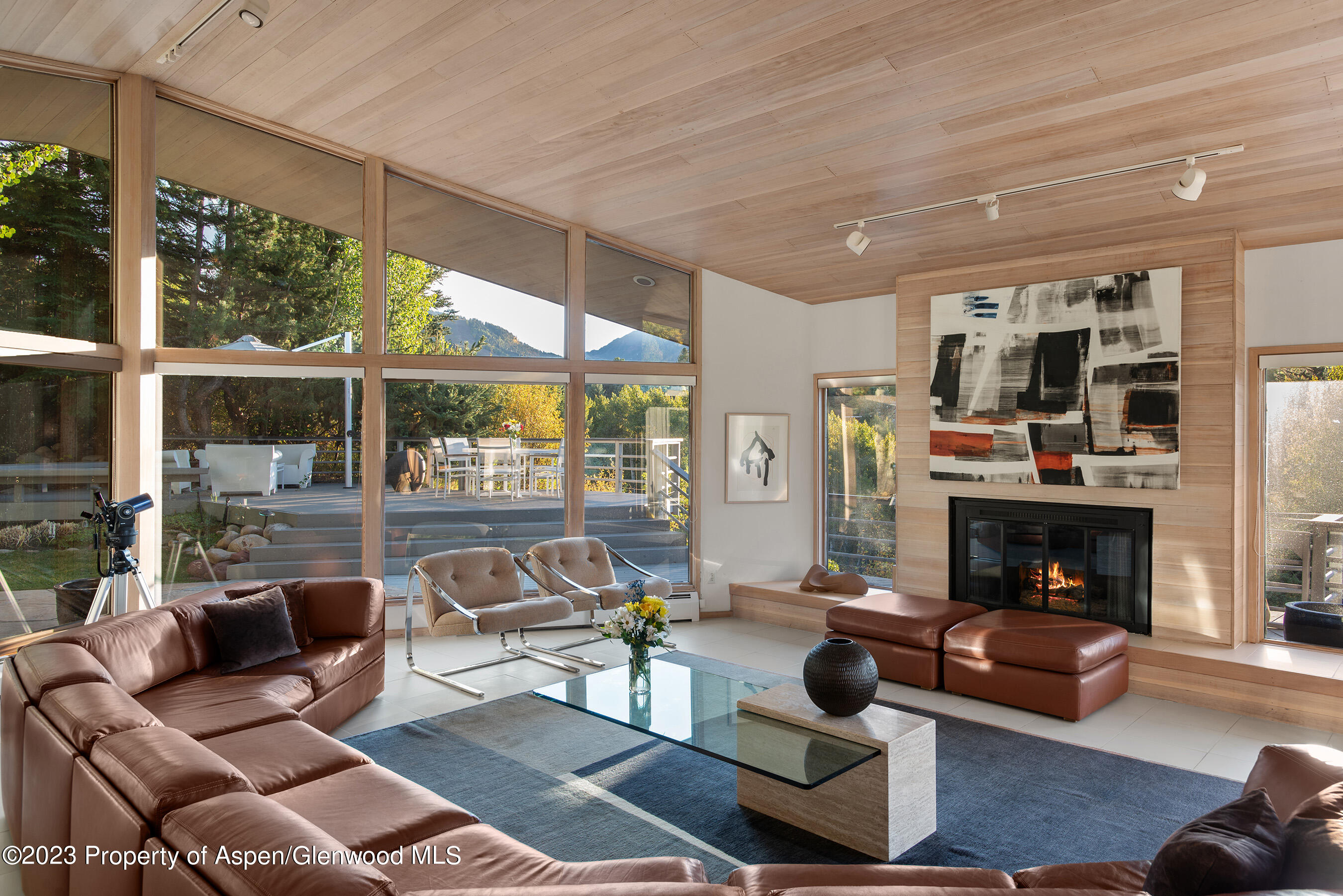 695 Meadows Road Aspen, CO 81611 - Photo 8 of 18 a living room with furniture a fireplace and floor to ceiling windows