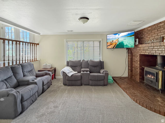 1716 Sagewood Road Price, UT 84501 - Photo 19 of 73 Living room featuring a wood stove, carpet flooring, and crown molding