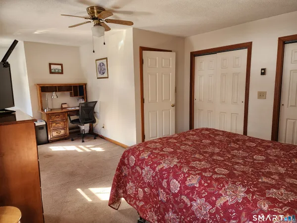 a bedroom with a bed and furniture