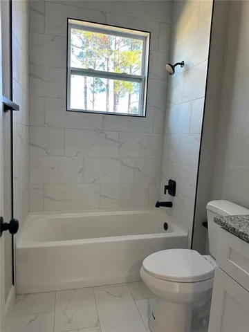 a bathroom with a toilet and a bath tub