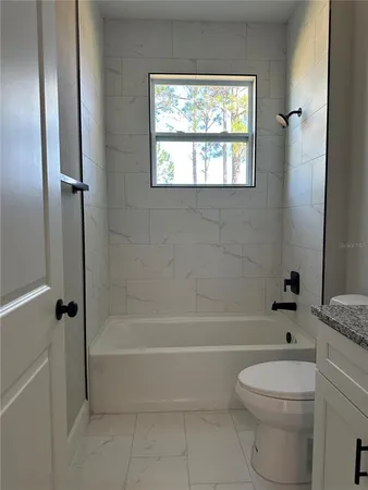 a bathroom with a toilet and a bath tub