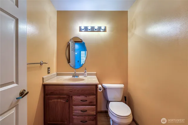 a bathroom with a toilet a sink and mirror