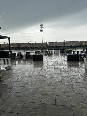 a terrace with a bench