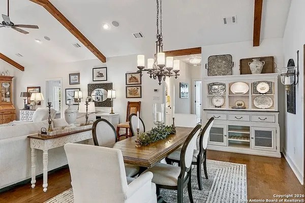 a view of a dining room with furniture