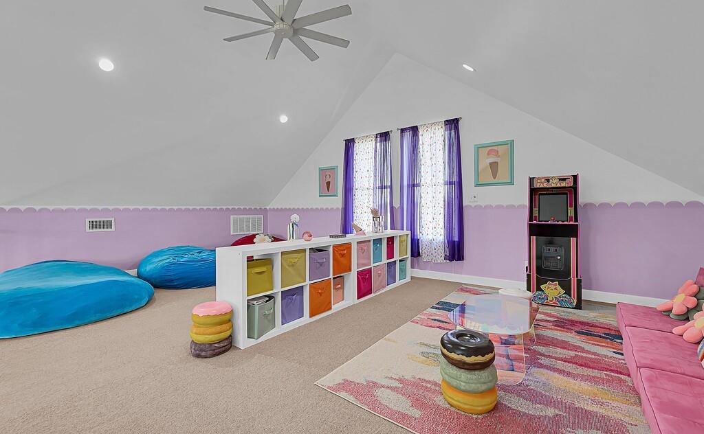 109 Springfield Lane Waco, TX 76705 - Photo 33 of 39 Playroom featuring vaulted ceiling, carpet floors, ceiling fan, and recessed lighting