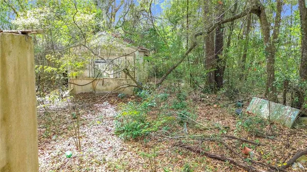 a backyard of a house with lots of green space and trees all around