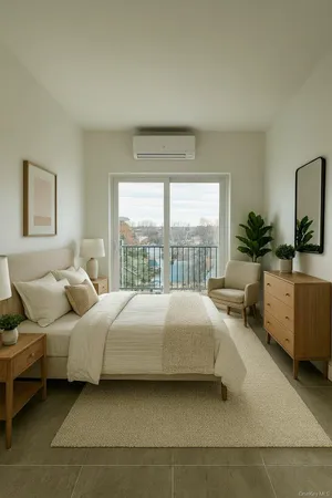a bedroom with a bed couch and a large window
