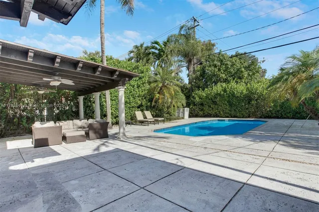 a view of house with swimming pool outdoor seating
