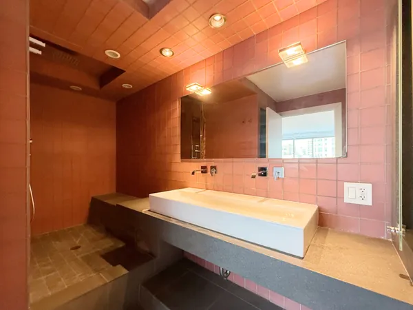 a bathroom with a sink and a mirror