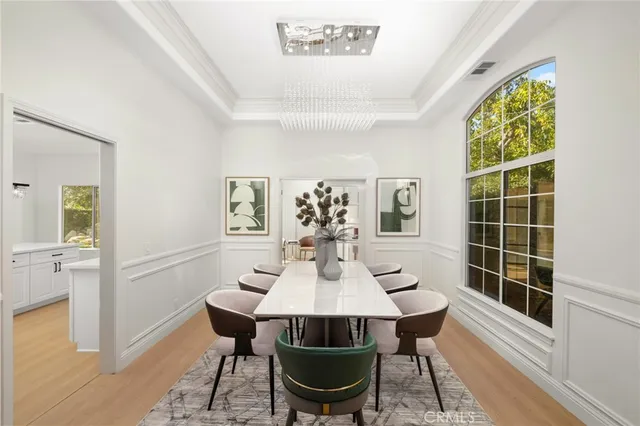 a view of a dining room with furniture