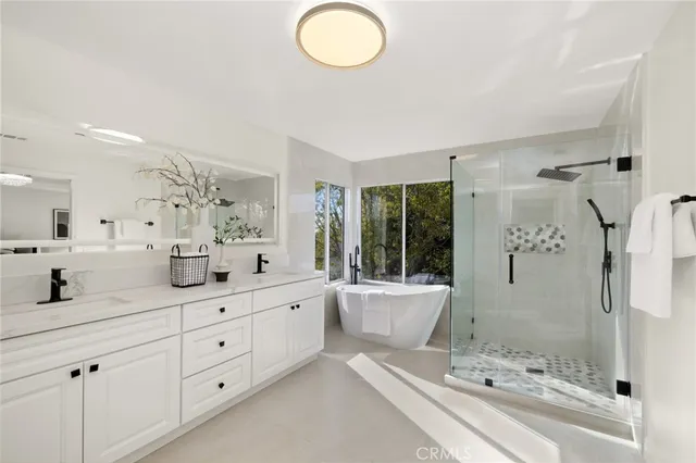 a bathroom with a double vanity sink toilet and shower