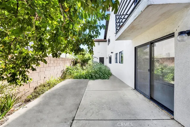 a view of a patio with plants and large trees