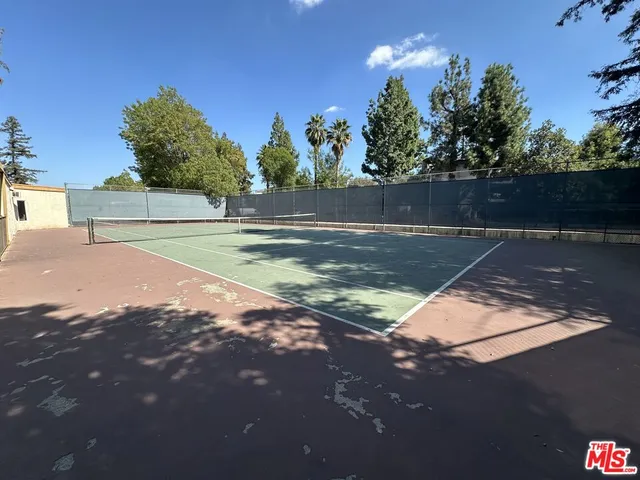 a view of a park with large trees
