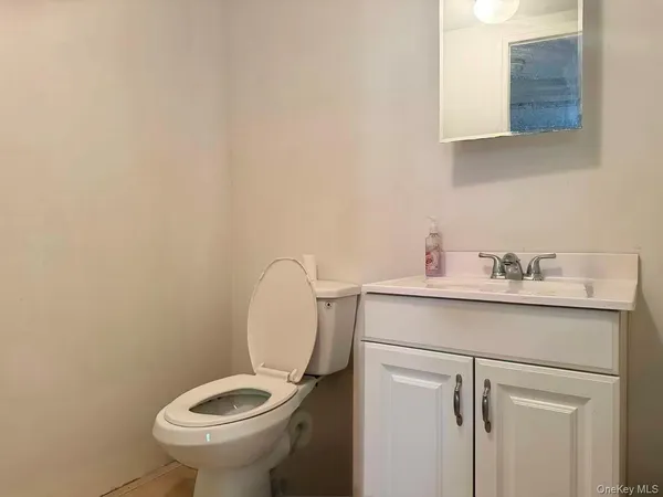 a bathroom with a sink mirror and toilet