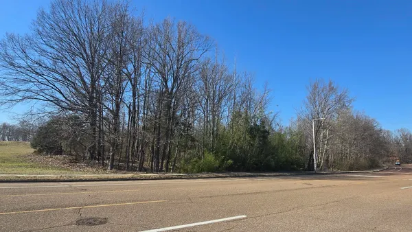 a view of a yard with a house in the background