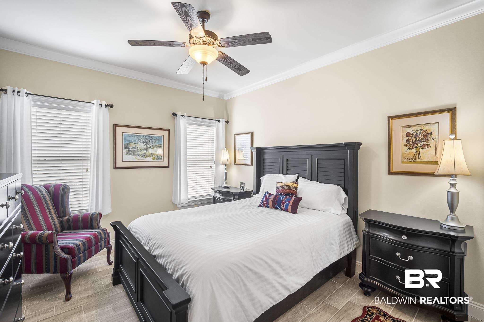 7090 Carson Lane Daphne, AL 36527 - Photo 23 of 37 Bedroom with ceiling fan, ornamental molding, and light wood-type flooring