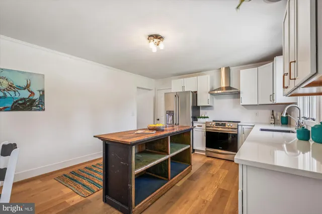 a room with stainless steel appliances granite countertop a stove and a refrigerator