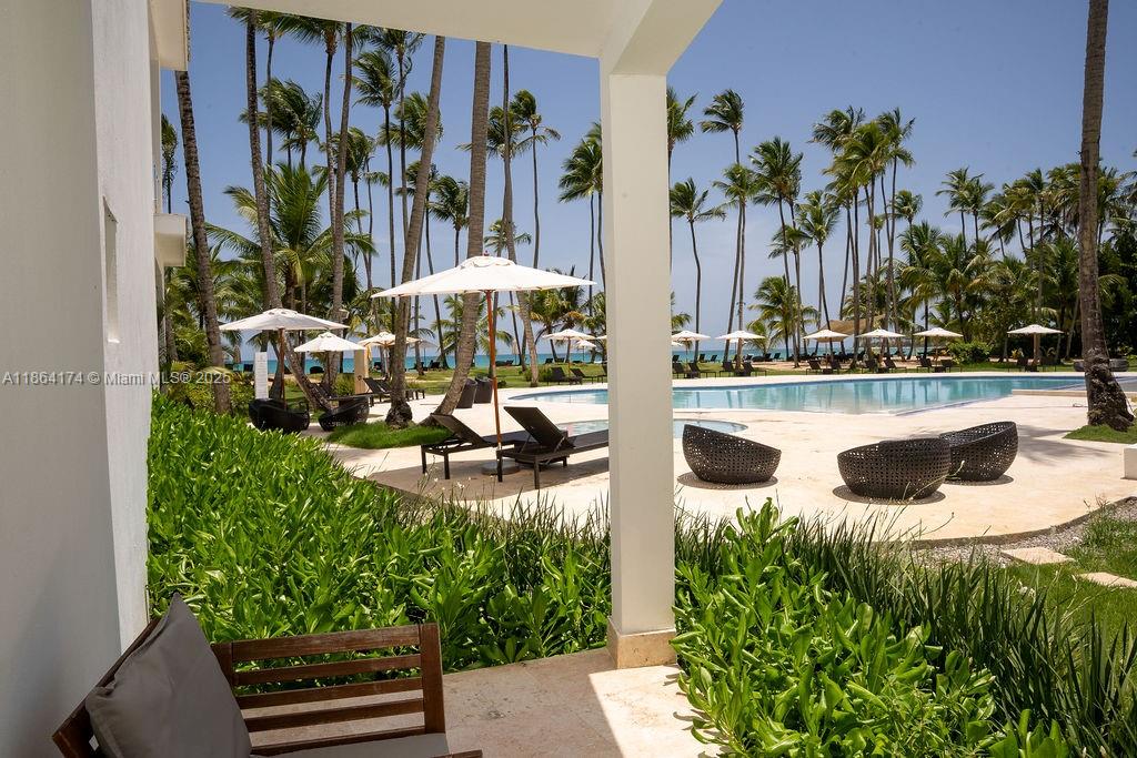 0 8c3f Q62, Unit LEVEL 1 Las Terrenas, Samaná Province 32000 - Photo 36 of 41 a view of swimming pool with lawn chairs potted plants and palm tree