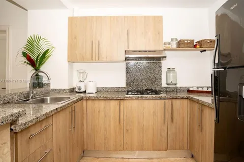 a kitchen with a sink and a refrigerator