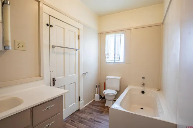 a bathroom with a bathtub shower sink vanity and toilet