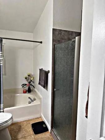 a bathroom with a granite countertop sink a toilet a mirror and shower