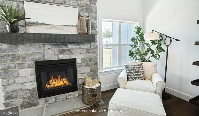 a living room with furniture a fireplace and a potted plant