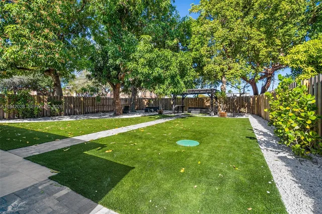 a view of a backyard with a small pool