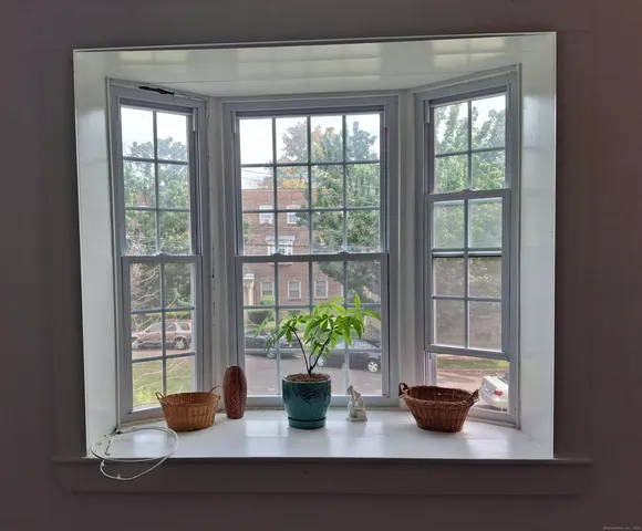 a dining room with wooden floor and potted plant