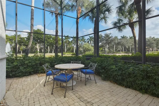 a view of a porch with a fountain