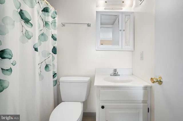 a bathroom with a sink mirror and toilet
