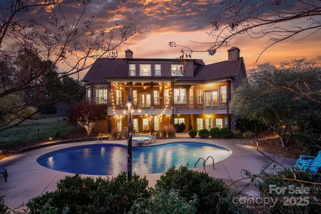 a view of a swimming pool with a patio and plants