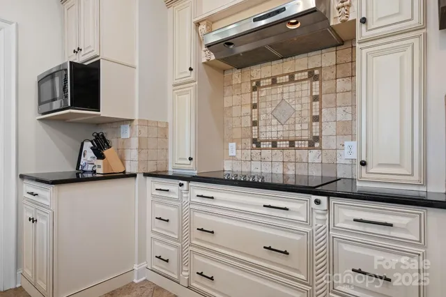 a kitchen with granite countertop white cabinets stainless steel appliances and a sink