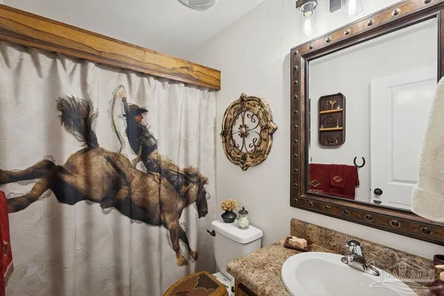 a bathroom with a sink mirror vanity and toilet