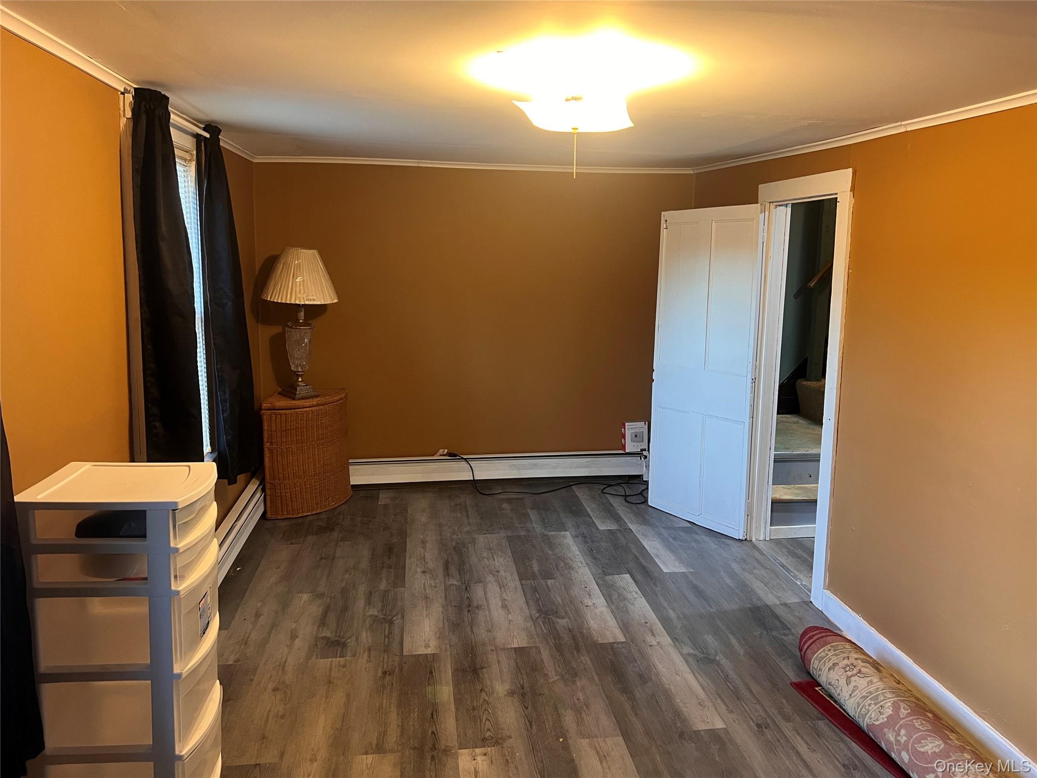 279 Cold Spring Road Monticello, NY 12701 - Photo 14 of 32 Unfurnished bedroom featuring ornamental molding, dark wood-style floors, baseboard heating, and a baseboard radiator