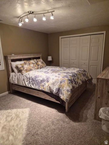 1697 West 2450 Vernal, UT 84078 - Photo 17 of 36 Carpeted bedroom with a closet, a textured ceiling, and rail lighting