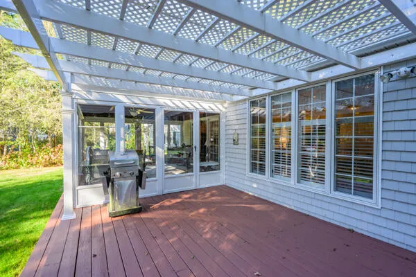 a view of a garden with an ocean