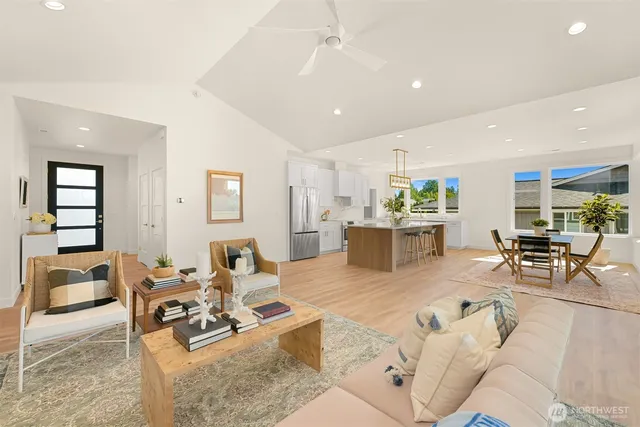 a living room with furniture or outdoor view and kitchen view