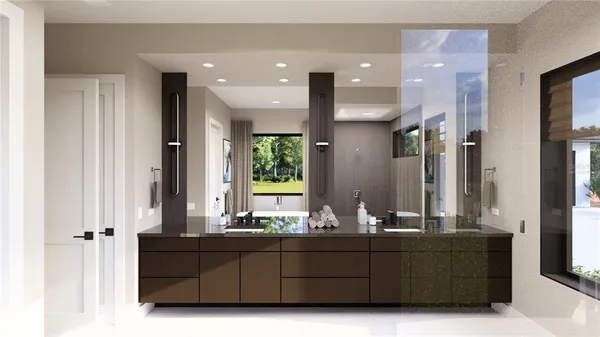 a bathroom with a double vanity sink and mirror