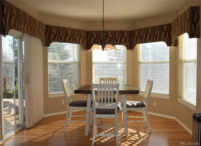 a view of a dining room with furniture window and outside view