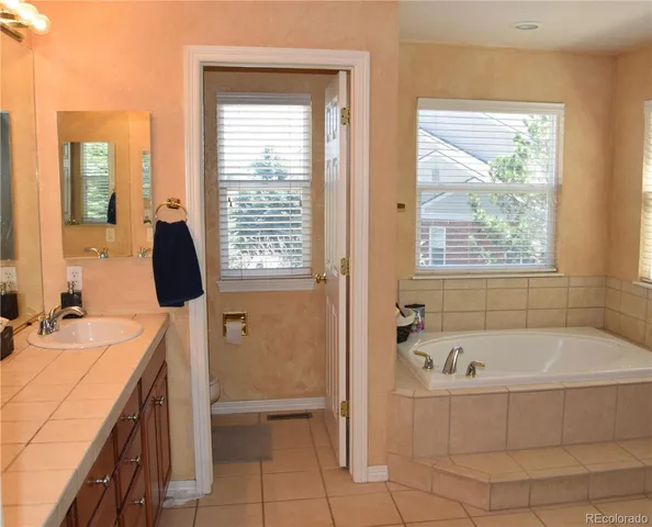 a bathroom with a tub sink and mirror
