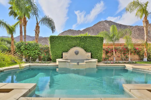 a view of a swimming pool with a garden